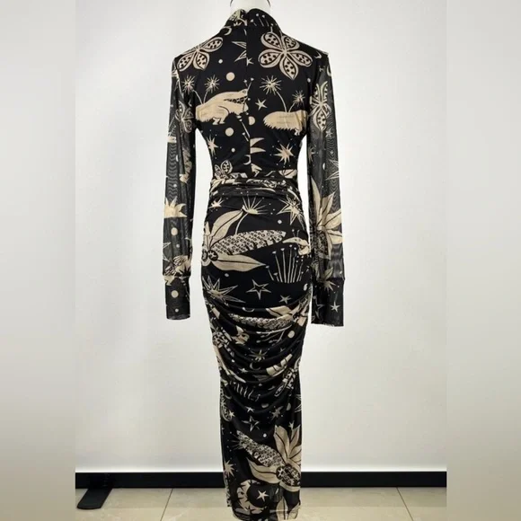 Farm Rio Black, Cream Patterned Midi Dress Cerrado Sky Tule Flattering, Ruching - Picture 3 of 3